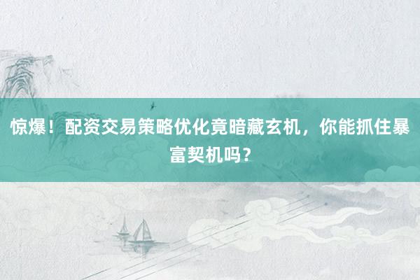 惊爆！配资交易策略优化竟暗藏玄机，你能抓住暴富契机吗？
